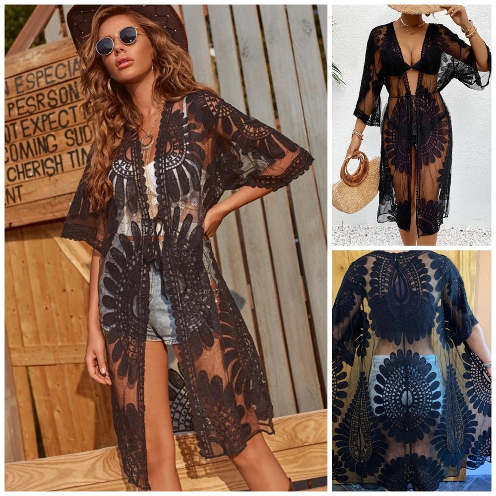 Adiva Black Lace Kimono M Cardigan Sheer Boho Whimsigoth Fairy Grunge Gothic New